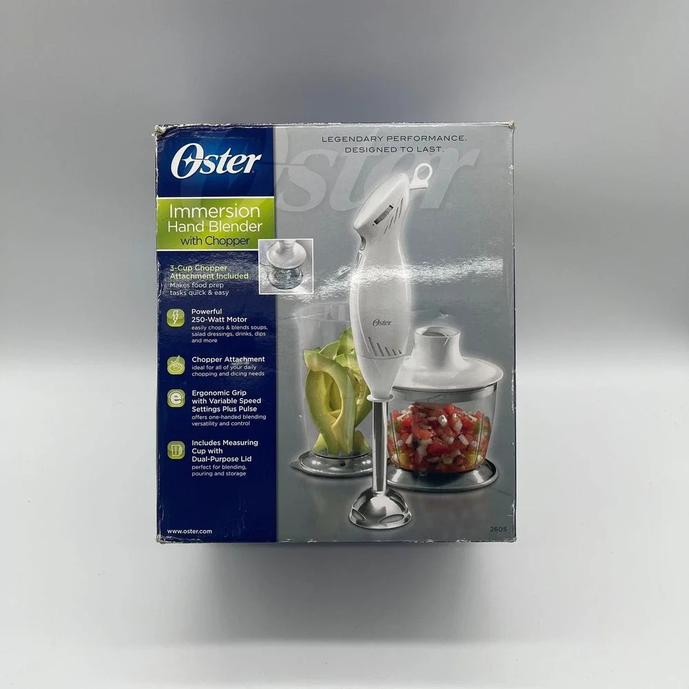 Oster 250W Immersion Hand Blender with 3-Cup Chopper and Measuring Cup - White